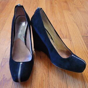 Michael Kors Black Leather Suede Wedge Heels 7.5M Rock Steampunk Zippers